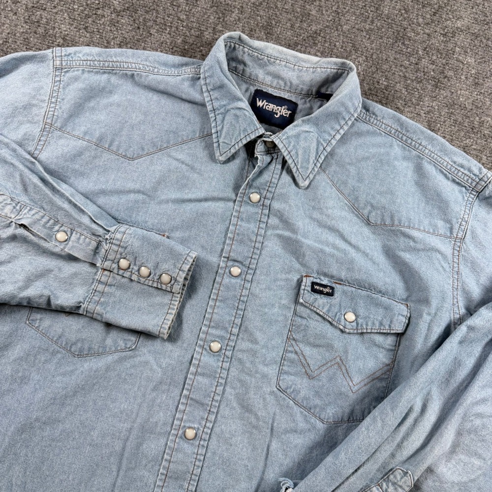 Wrangler Denim Western Shirt Mens 18x36 Blue Pearl Snap Long Sleeve Workwear